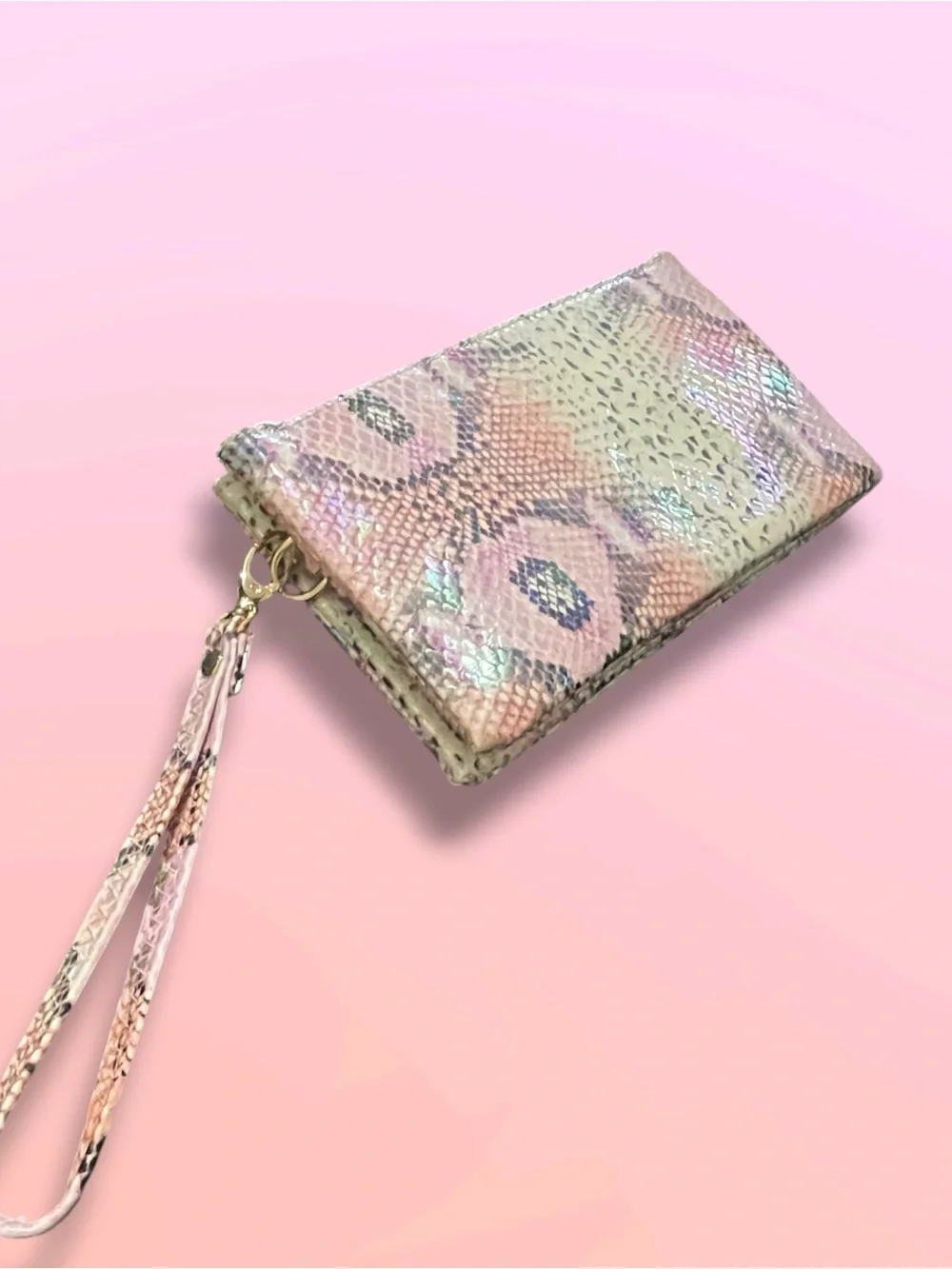 Caroline Hill Pink Holographic Snakeskin Wristlet Clutch Travel Wallet